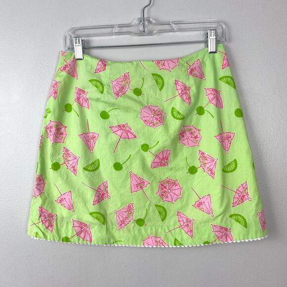 Lilly Pulitzer Mini Skirt Singapore Sling Lime Green Umbrella Fruit‎ 90s Retro 6 - Picture 1 of 9